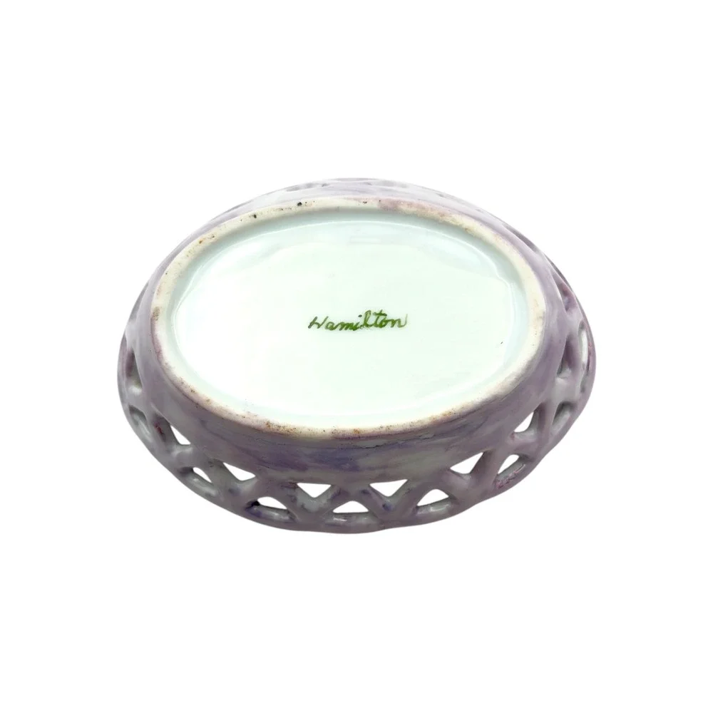 Vintage Lavender Porcelain Reticulated Basket Dish Hand Painted Pink Wild Rose